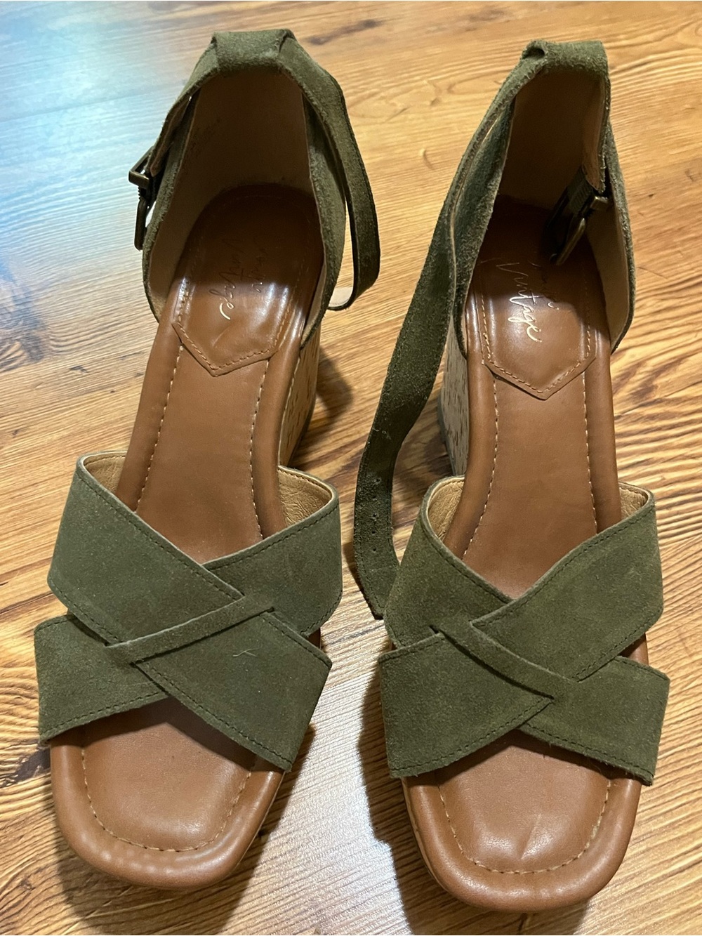 Women’s Olive Green Suede Ankle Strap Wedge Sandals 8.5